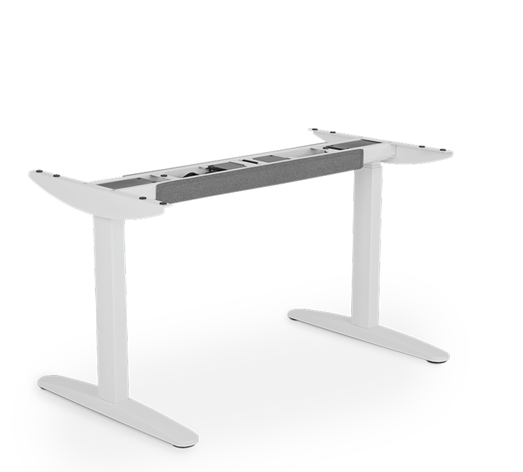 Estrutura da mesa com regulagem de altura F50 DT3 na versão White cor branco fractal, com vista em ângulo lateral-diagonal